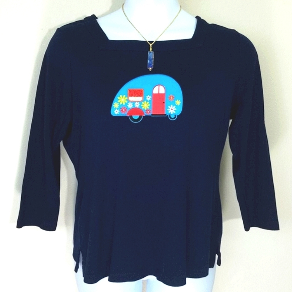 T-shirt top square neck navy blue RV graphic 3/4 long sleeve stretch